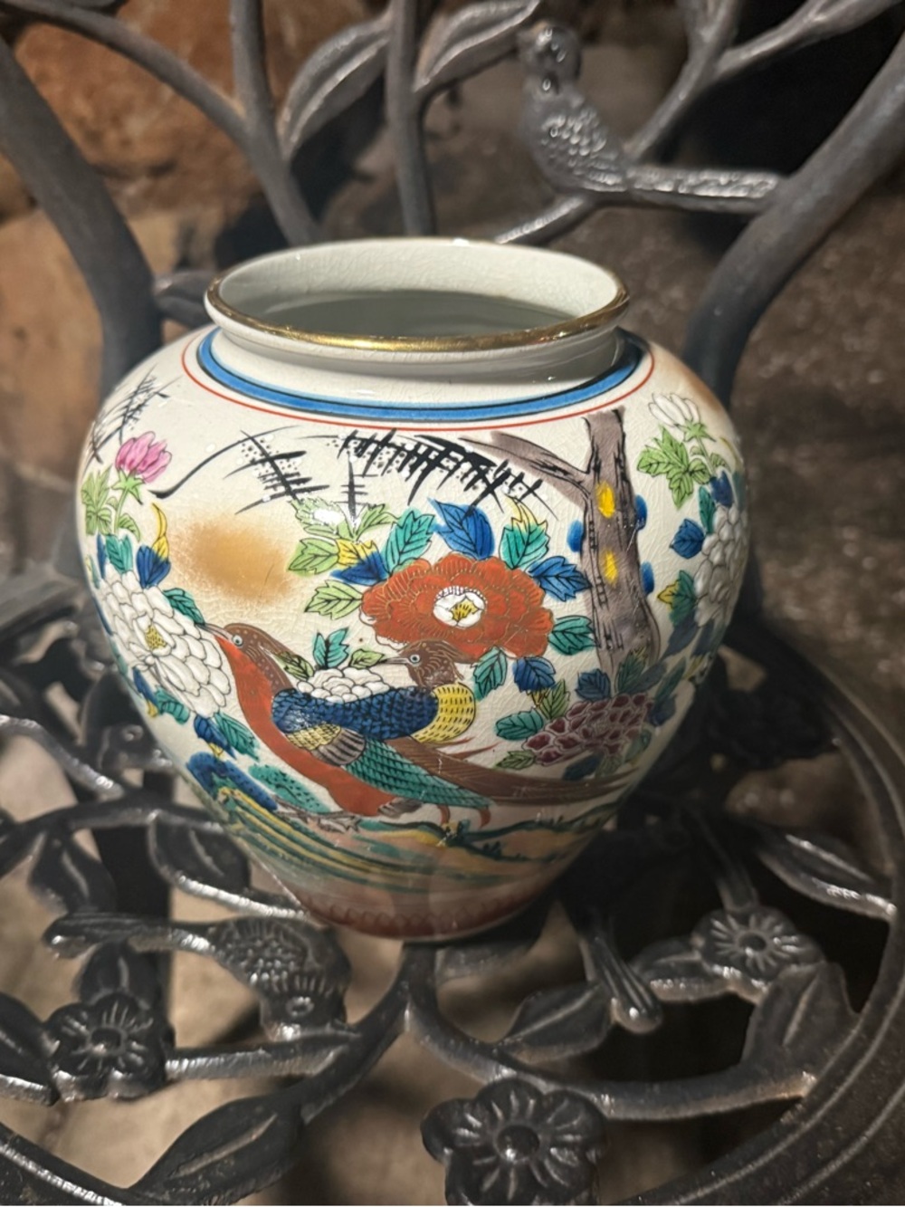 Kutani Japanese Handmade Vase Bird and Floral Motif Marked Base